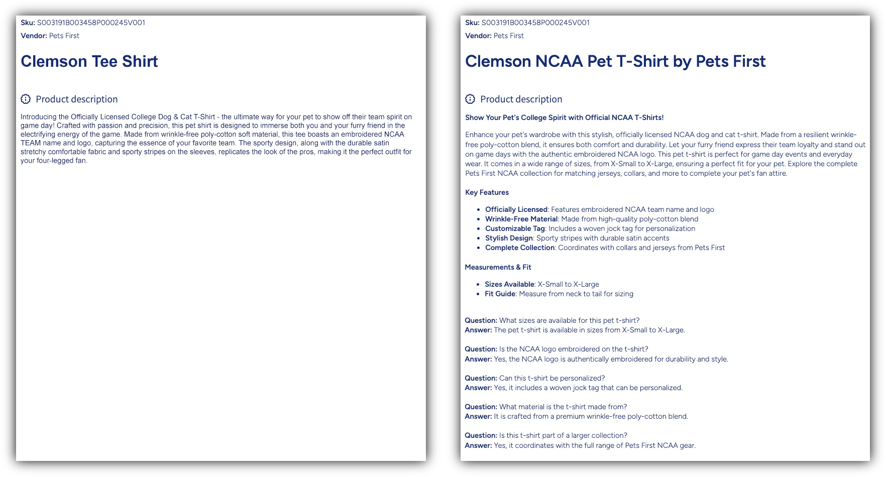 Before and after example showing CatalogIQ transforming thin supplier descriptions into structured product content